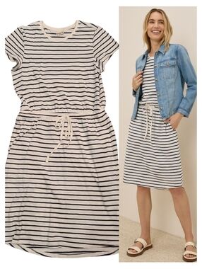 Pact Organic Santa Ana Stripe Midnight Blue Relaxed Slub Weekend Dress Size Med